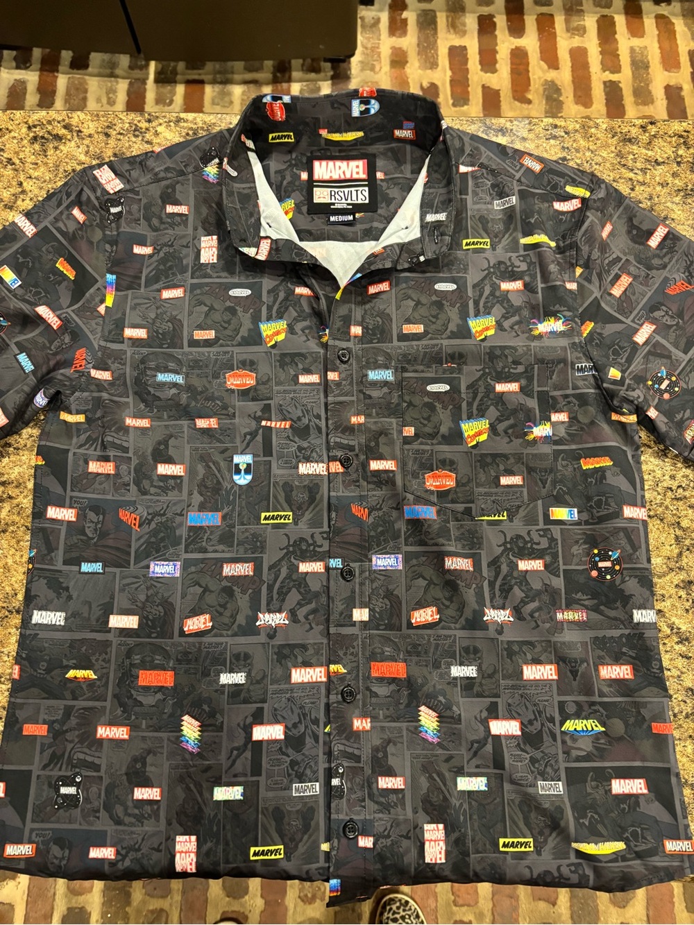 RSVLTS Black Marvel Logo Short-Sleeve Button-Down Shirt